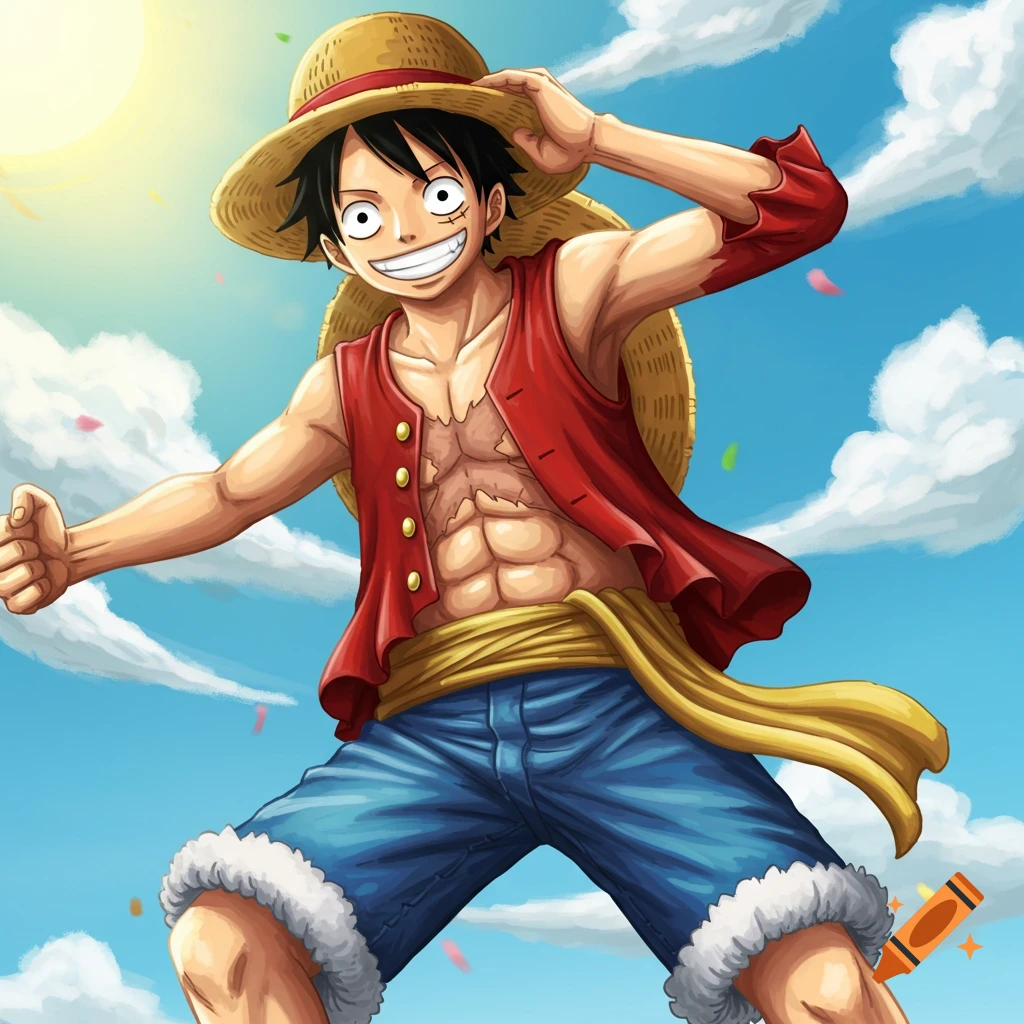 Illustration of anime character Luffy smiling under a bright sky