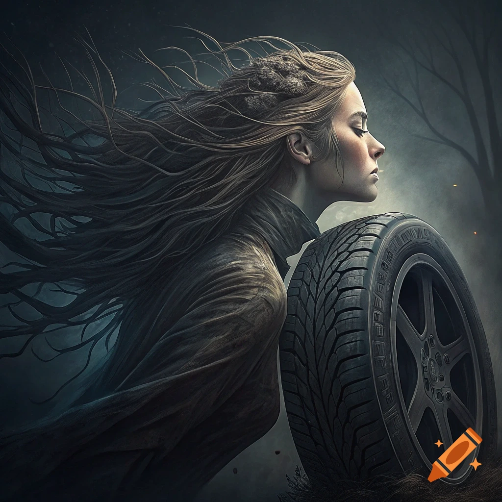 Profile of a woman with hair merging into branches, next to a large tire in a dark, surreal setting.