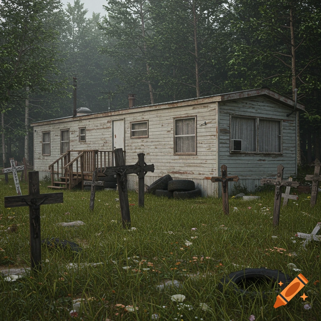 A mobile home in a forest clearing with many wooden crosses scattered in the overgrown yard.