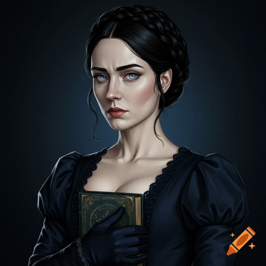 Regal portrait of a woman in dark Regency fashion holding an ornate ancient book.