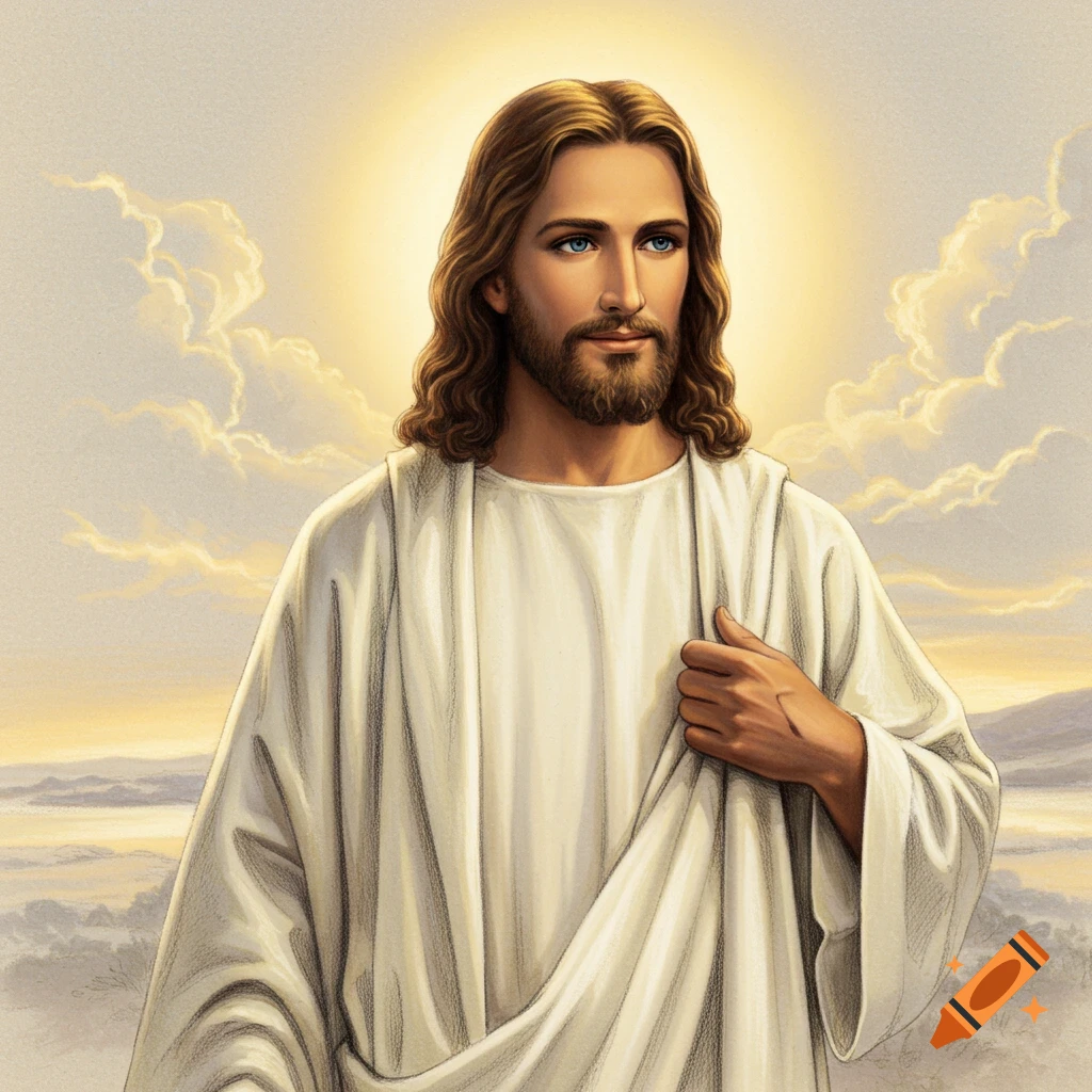 Portrait of Jesus Christ with halo in a white robe against a sky background.