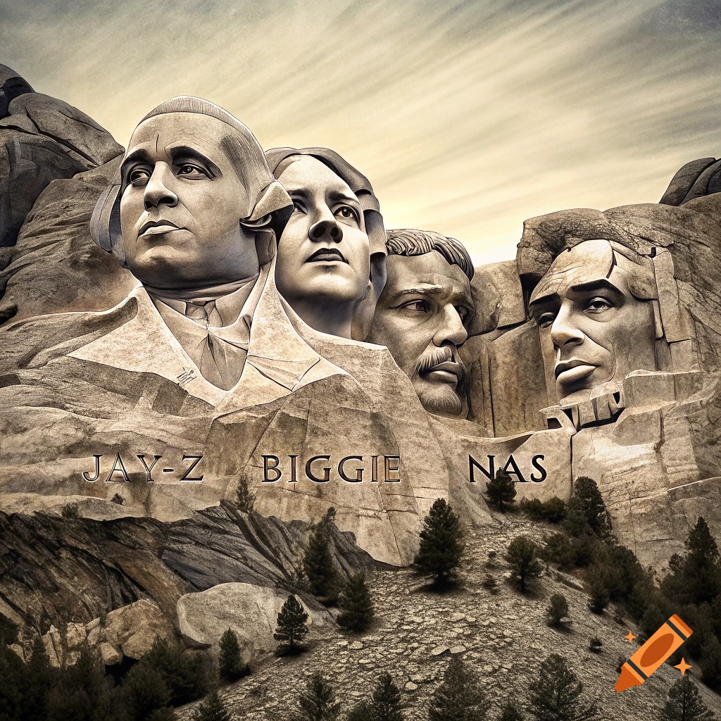 Digital rendering of Mount Rushmore carving of Jay-Z, Biggie, and Nas on a mountain, with text names below.