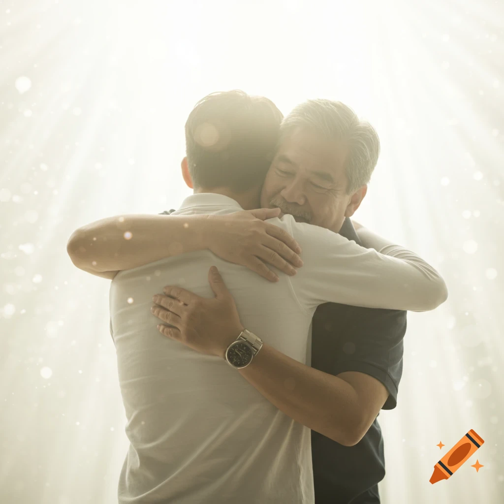 Father and adult son embracing with bright backlighting