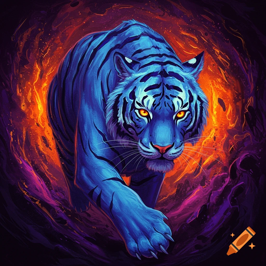 An electric blue tiger with orange eyes is surrounded by fiery orange and purple shapes.