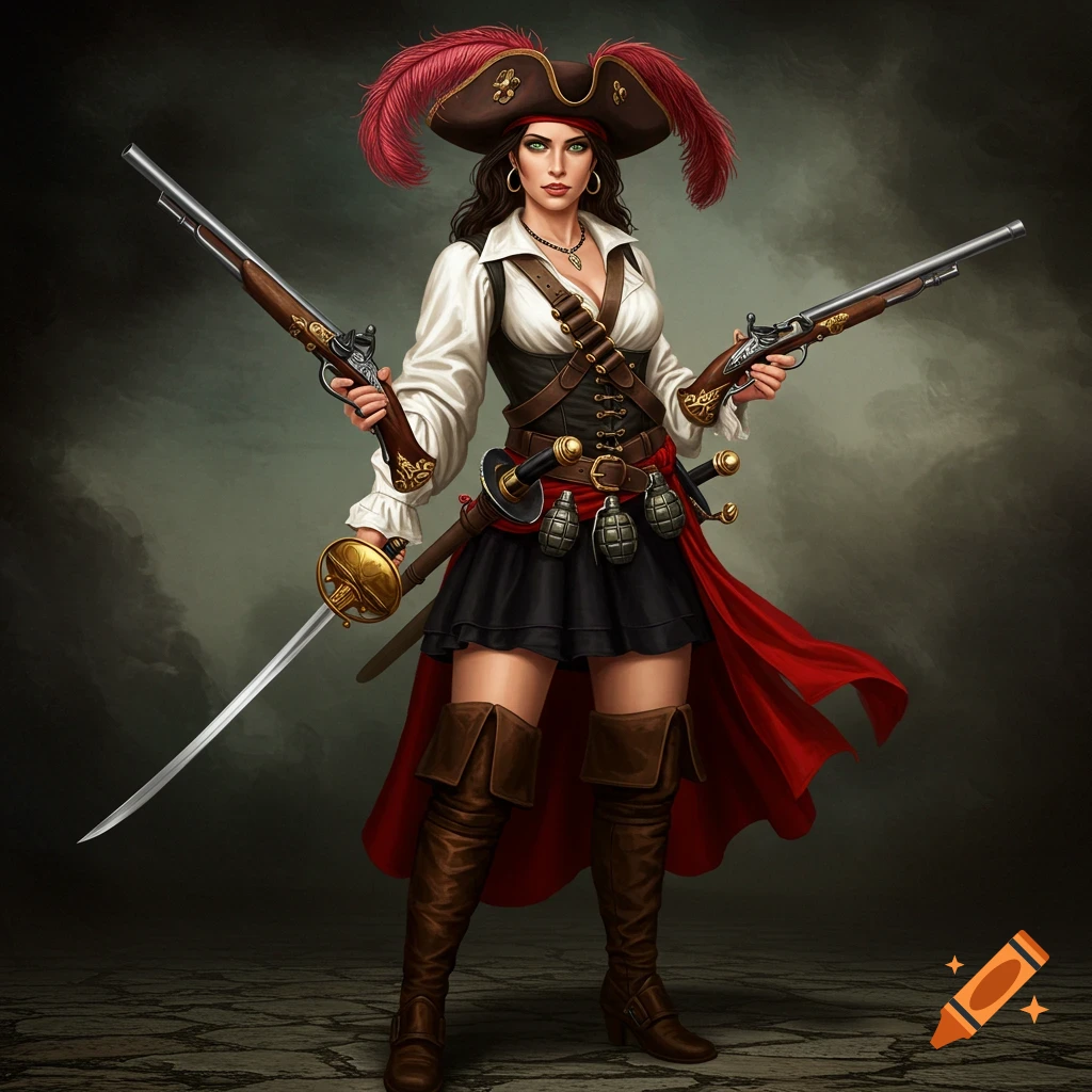 A fantasy illustration of a female pirate holding two flintlock pistols and a sword.