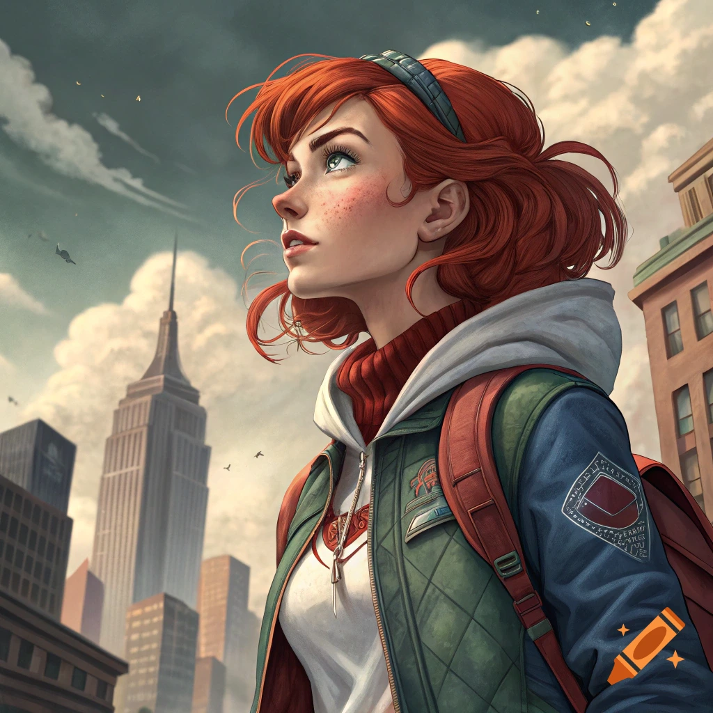Comic art illustration of a red-haired woman with freckles looking up in a city with the Empire State Building in the background.
