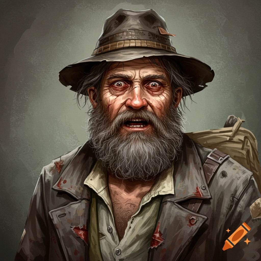 A close-up painterly portrait of a disheveled, bearded man with wide, bloodshot eyes and a surprised expression.