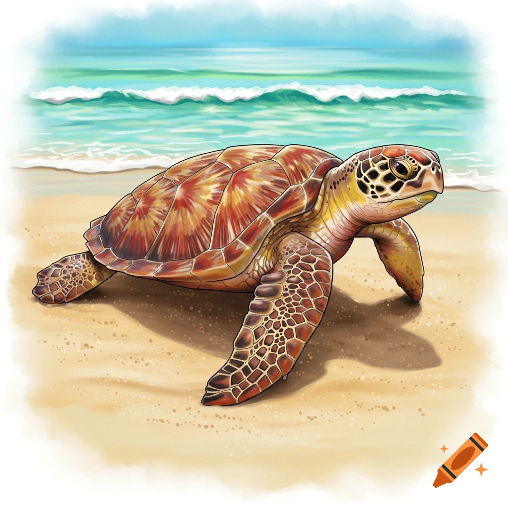 An illustration of a sea turtle on a sandy beach with ocean waves in the background.