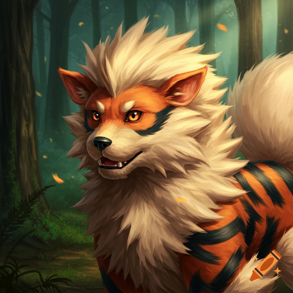 A realistic Arcanine in a forest.
