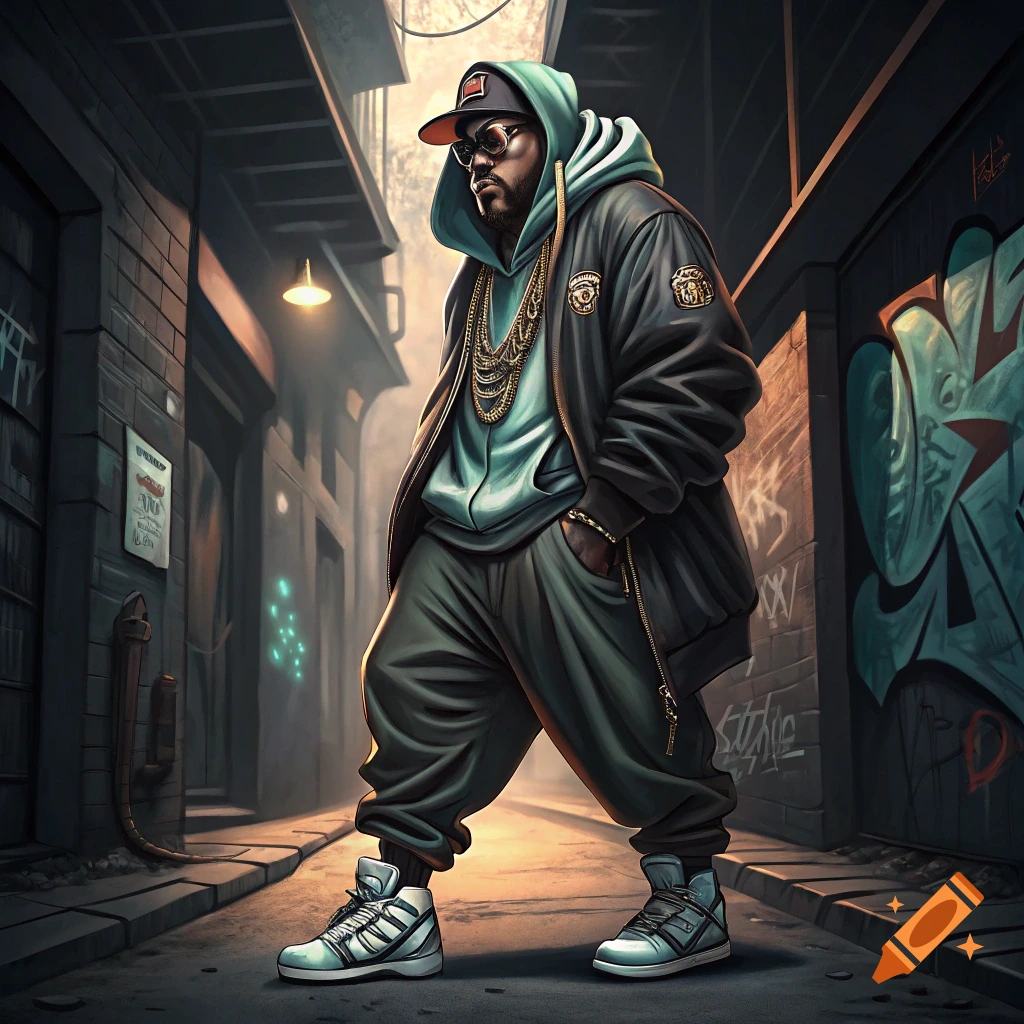 Illustrative image of a man dressed in hip hop fashion, wearing a cap, hoodie, jacket, chains, baggy pants, and sneakers, standing in an urban alley with graffiti.