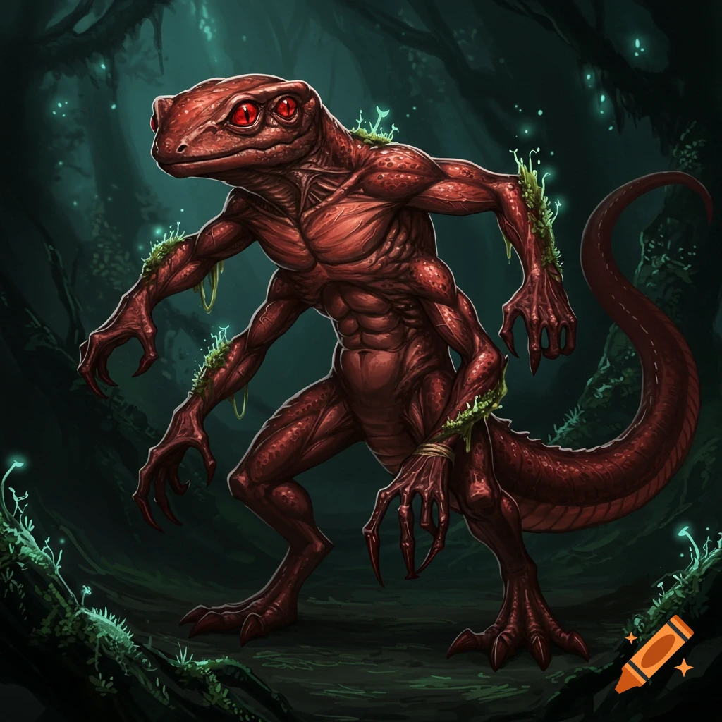 A four-armed, six-eyed red creature is in a dark forest.