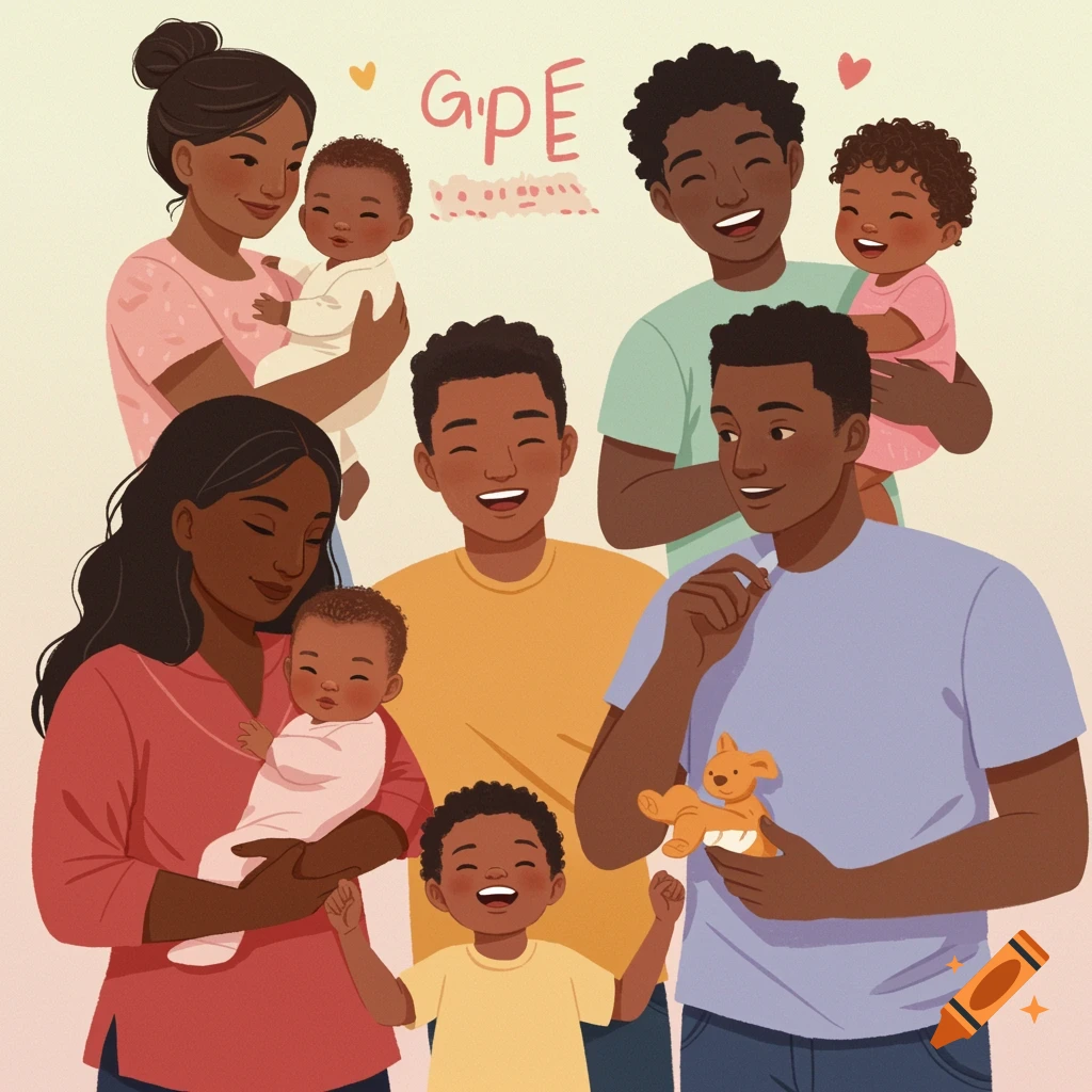 Illustration of diverse families with babies and a child in a warm, cartoony style.