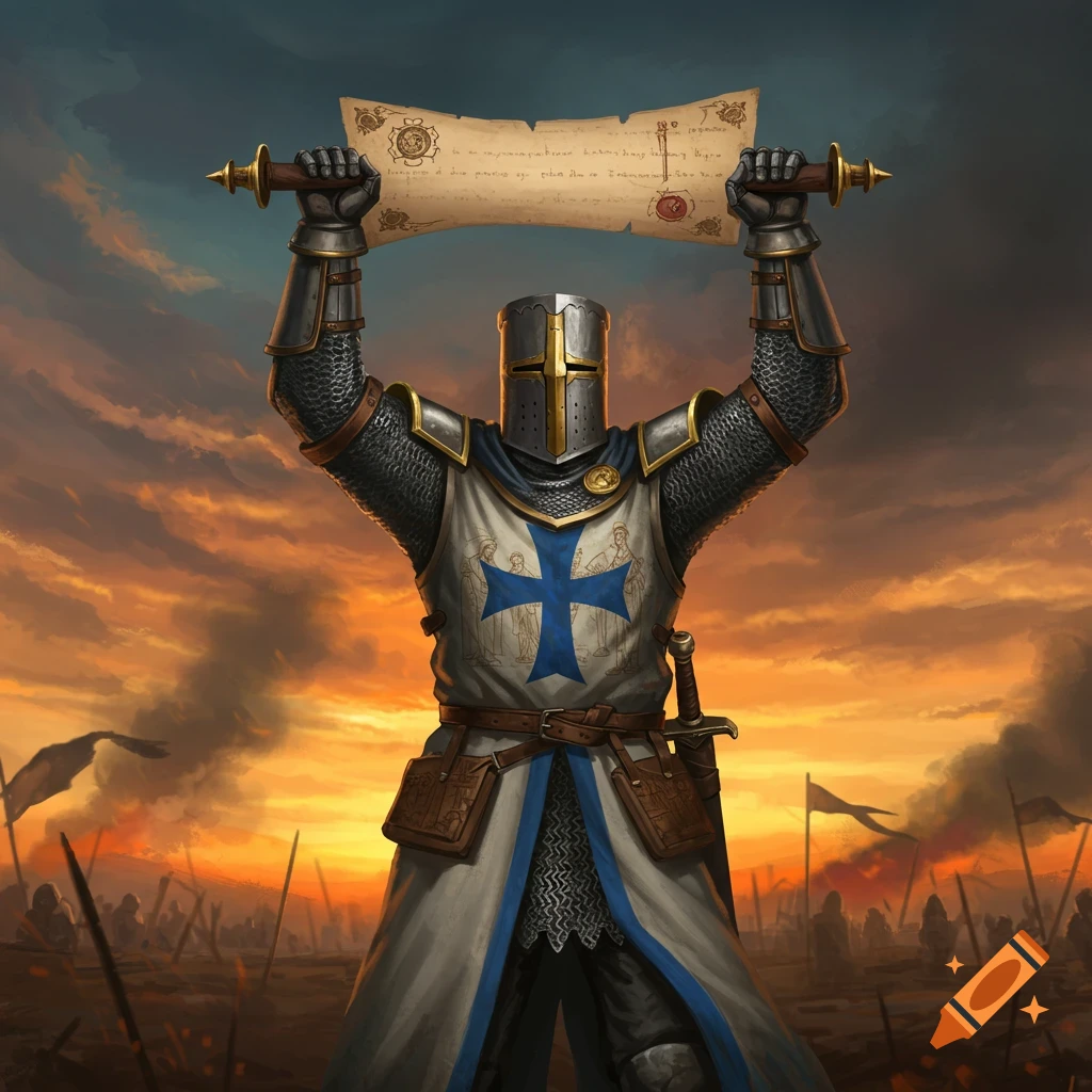 Knight Scroll Crusader knight holding scroll sword with blue cross tunic on Craiyon