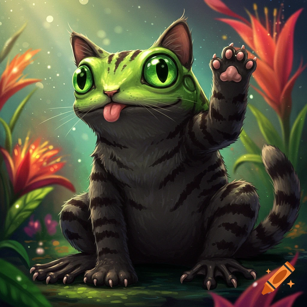 A green frog head on a striped cat body, waving in a magical garden.