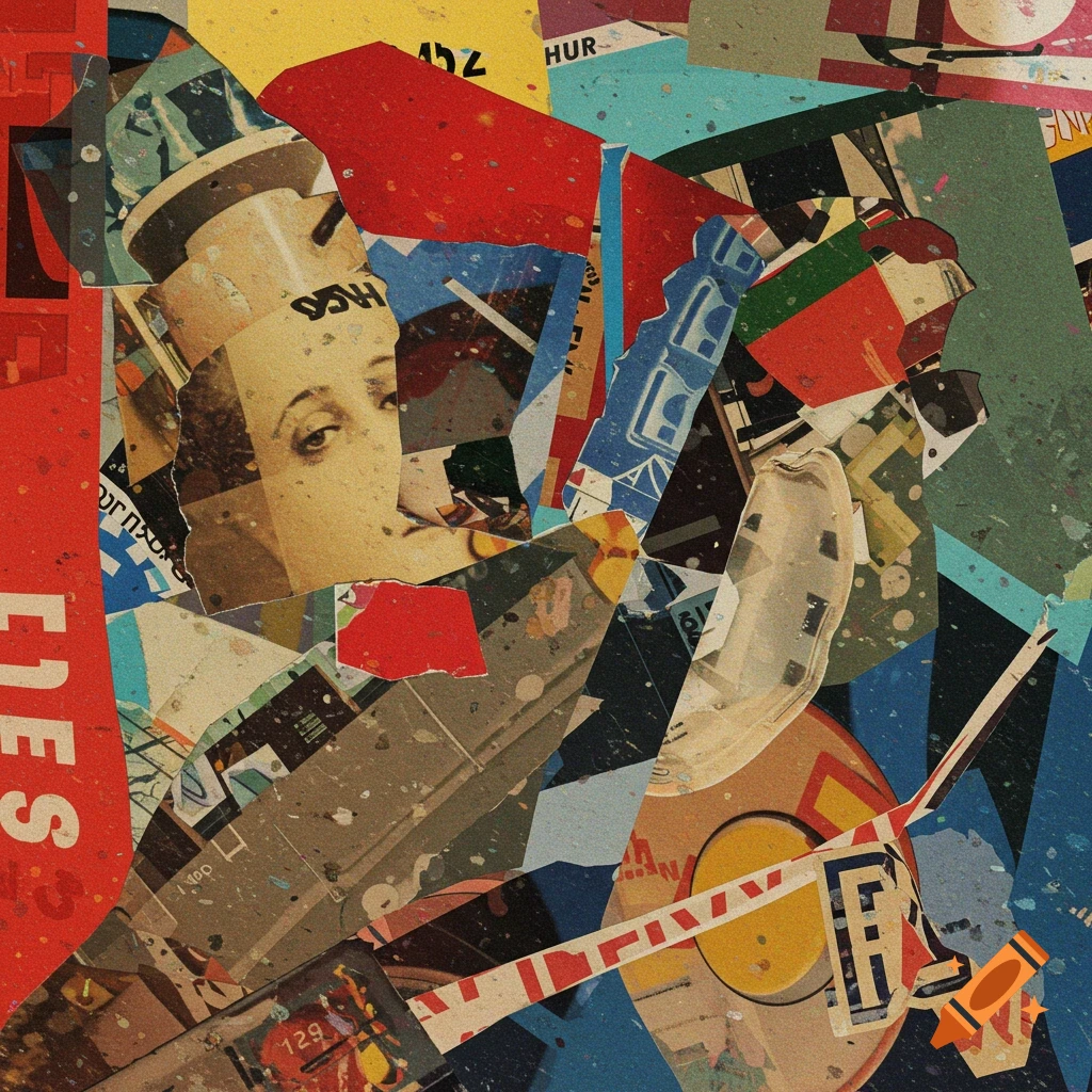 A vibrant abstract collage made of torn paper fragments, including a face, text, and abstract shapes.