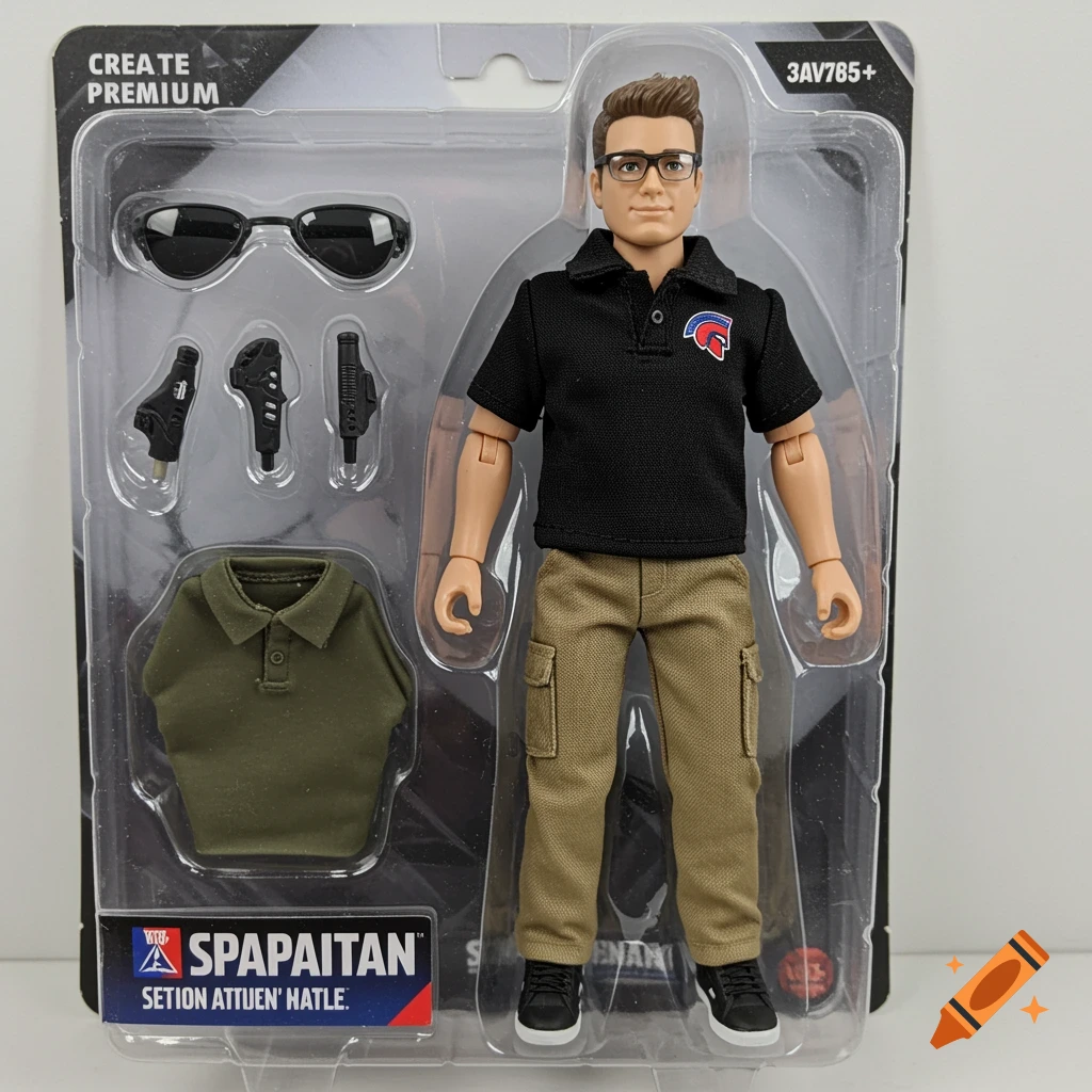 An action figure of a man in a black polo shirt and khaki pants in blister packaging, with accessories.