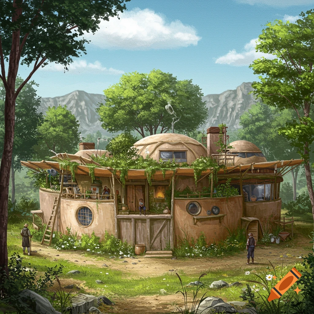 Illustration of an earthship home in a lush forest with mountains in the background.