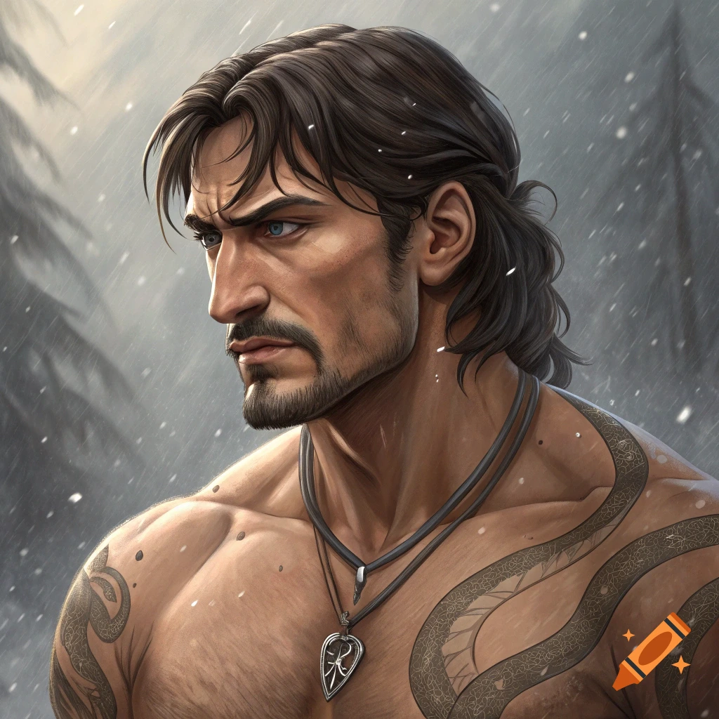 Portrait of a rugged man with long dark hair, beard, and chest tattoos in a snowy forest.