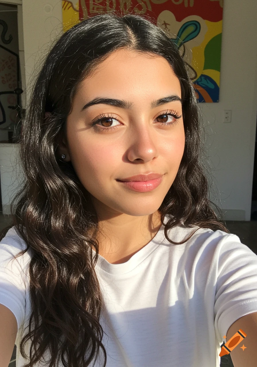 Close-up portrait of a young woman with long dark hair smiling in natural light.