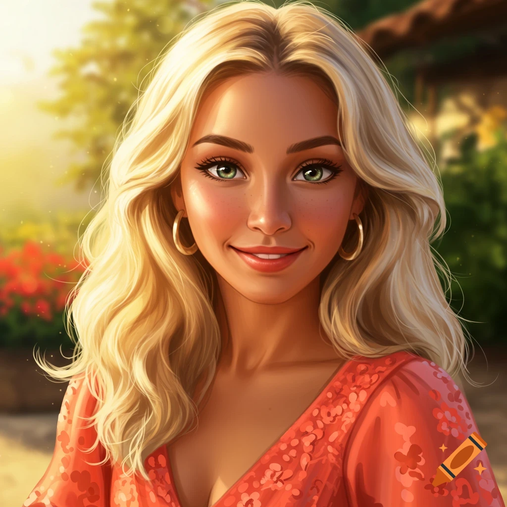 A smiling blonde woman with green eyes and hoop earrings is outdoors.
