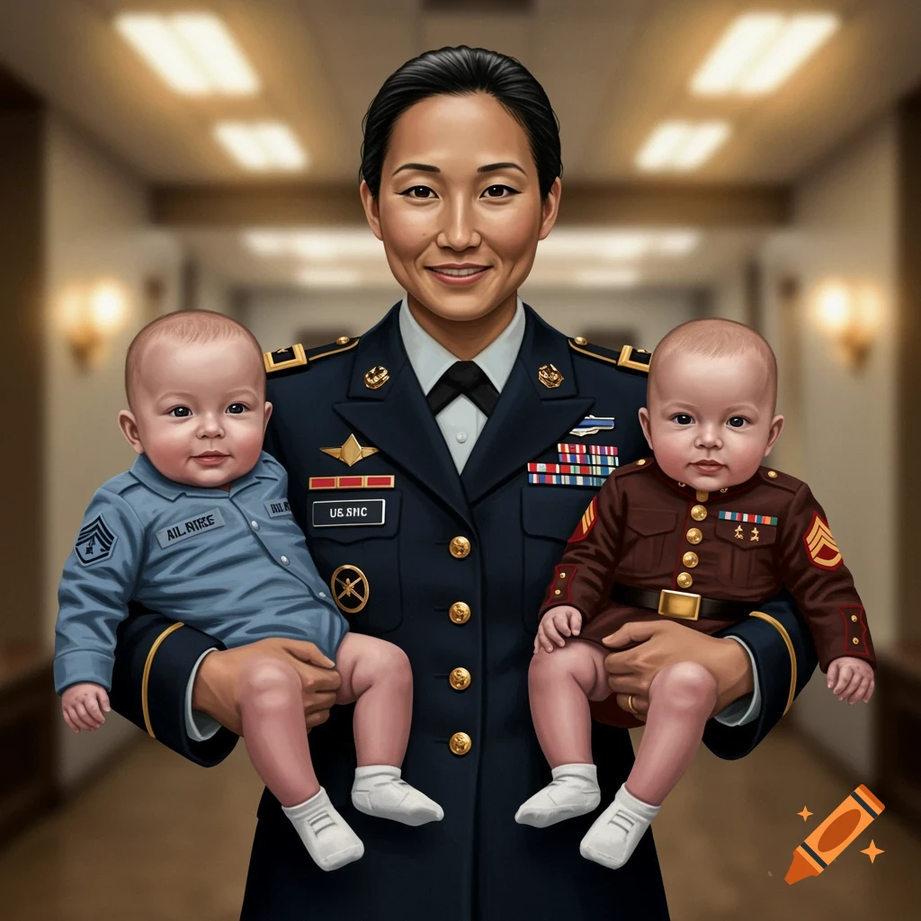 A US Army Captain holding two babies in miniature military uniforms.
