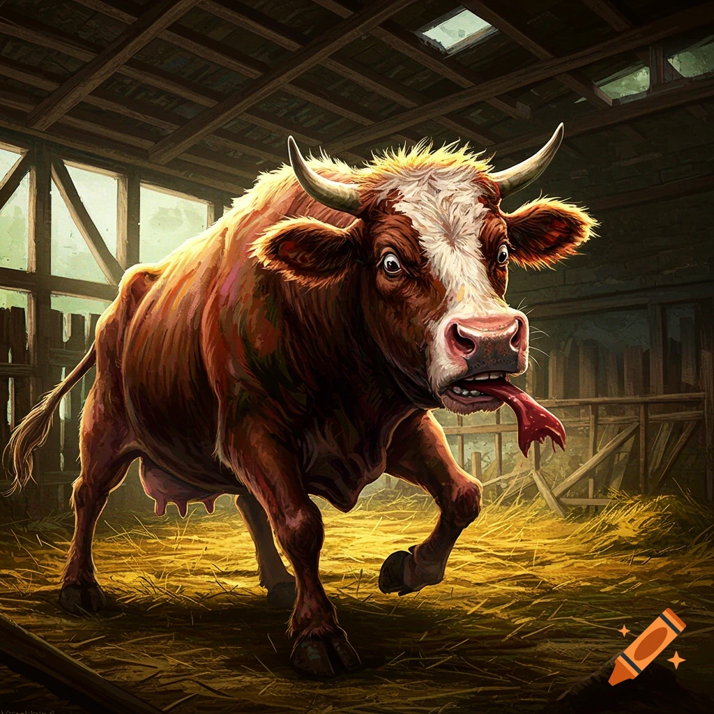 A mad cow with its tongue out, standing in a barn.