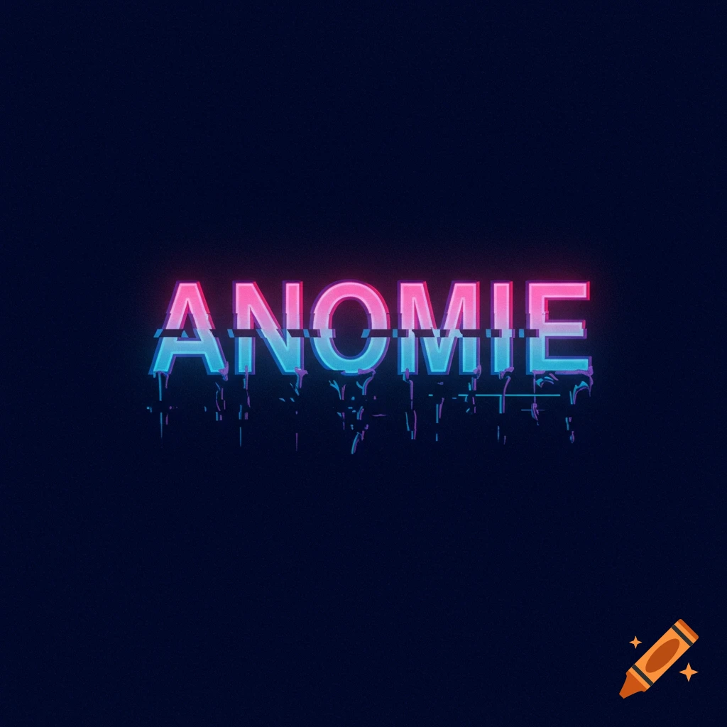 The word ANOMIE in neon pink and blue text with a digital glitch effect on a dark background.