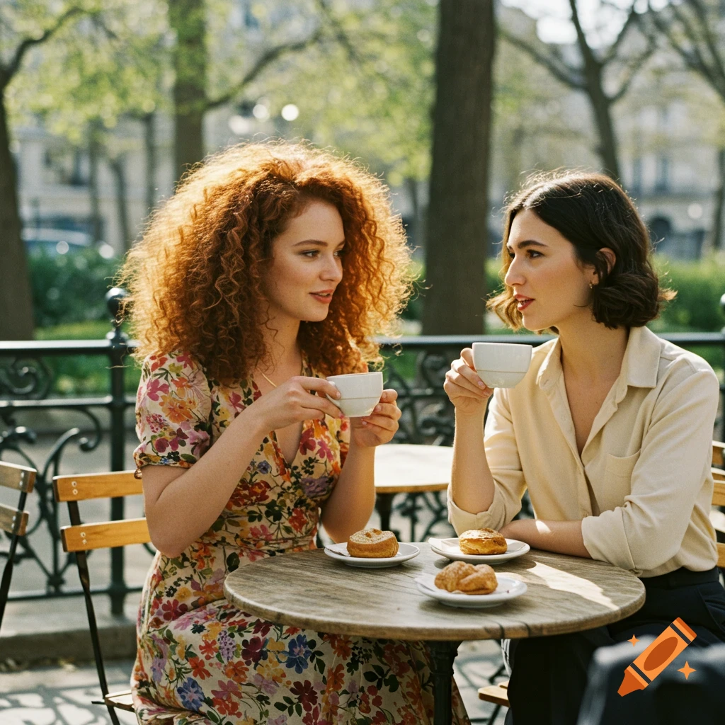 Two women drink coffee at an outdoor cafe table on a sunny spring day