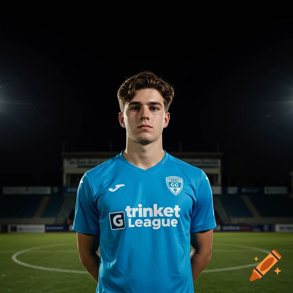 A young male soccer player in a blue jersey stands on a soccer field at night.