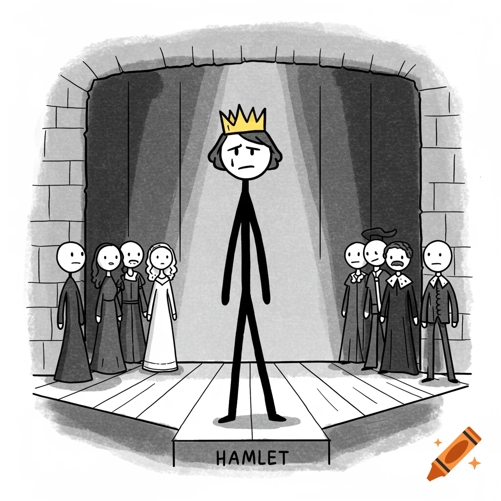 A stick figure Hamlet stands on stage with other stick figures in a simple illustration.