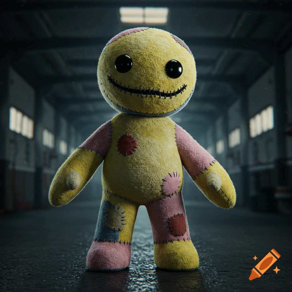 A scary, patched yellow stuffed toy with button eyes and stitched mouth stands in a dark, blurry industrial hallway.