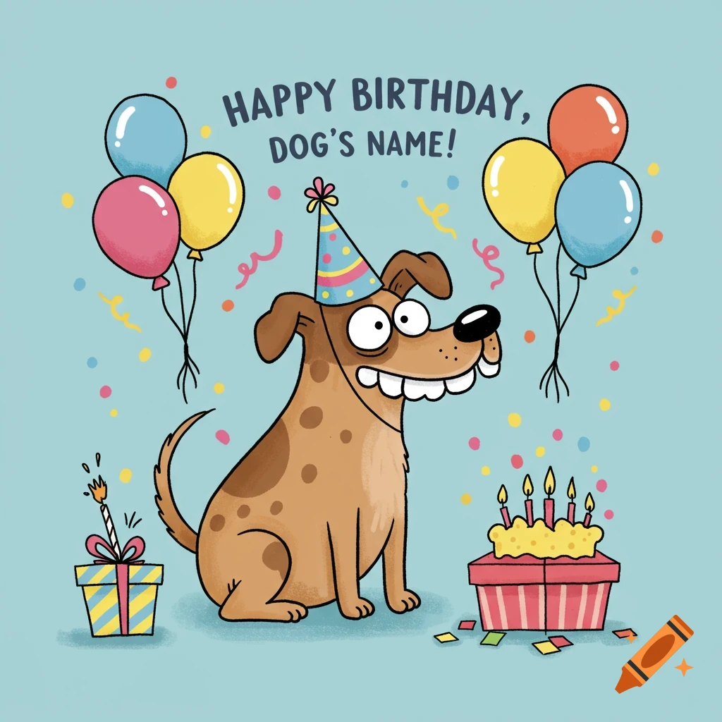 A cartoon dog wearing a party hat celebrates a birthday with cake, balloons, and a gift. Text says 'HAPPY BIRTHDAY, DOG'S NAME!'