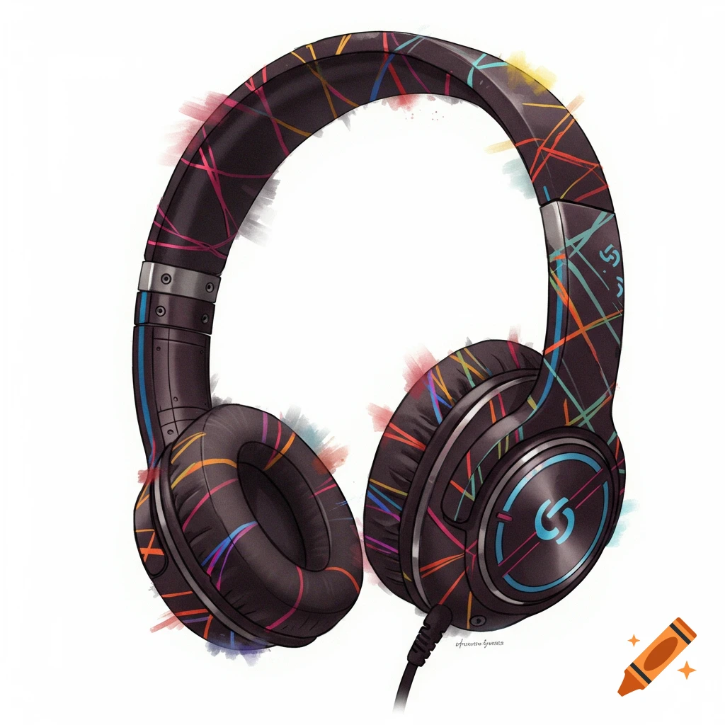 Black headphones with colorful lines and paint splatters on a white background