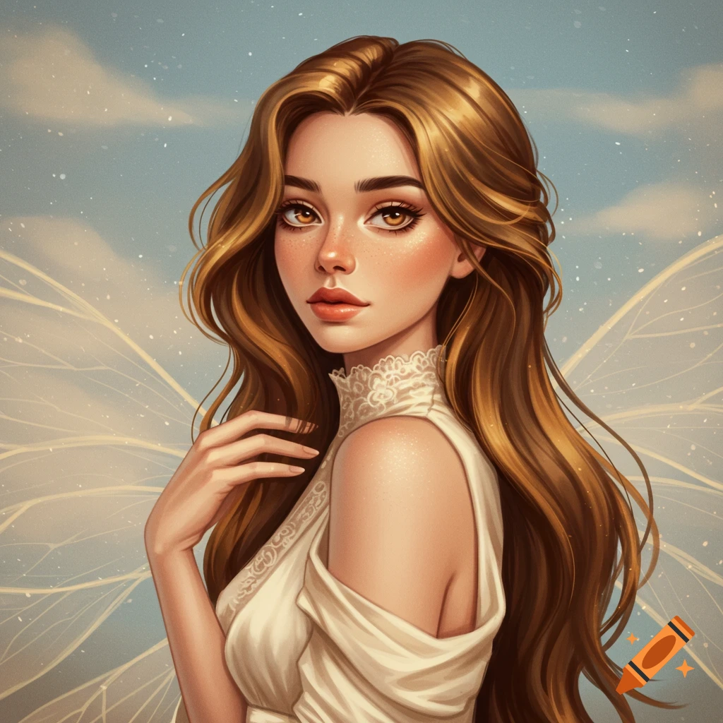 A woman with long brown hair and fairy wings