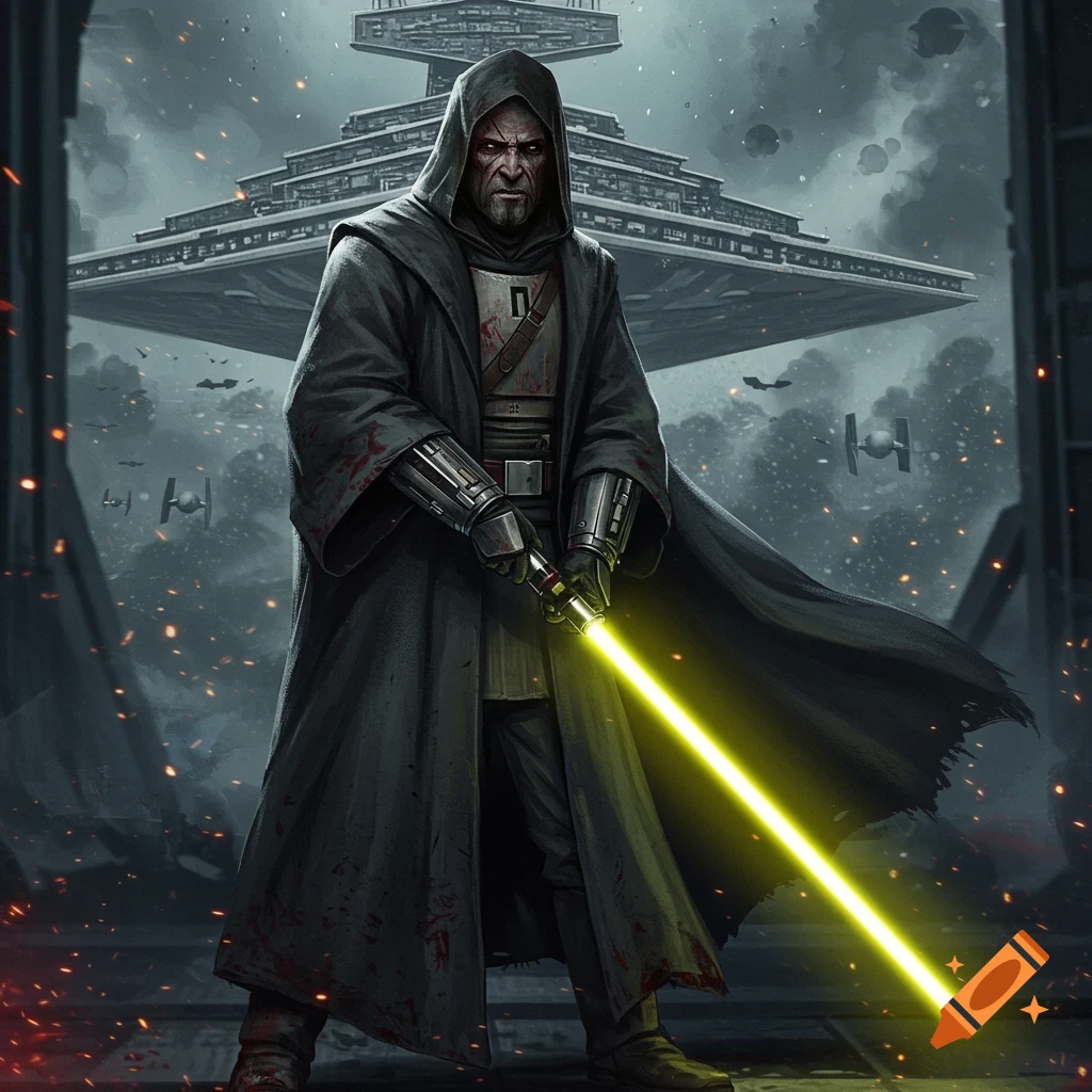 A character in dark robes with a yellow lightsaber stands before a large starship and smaller fighters in space.