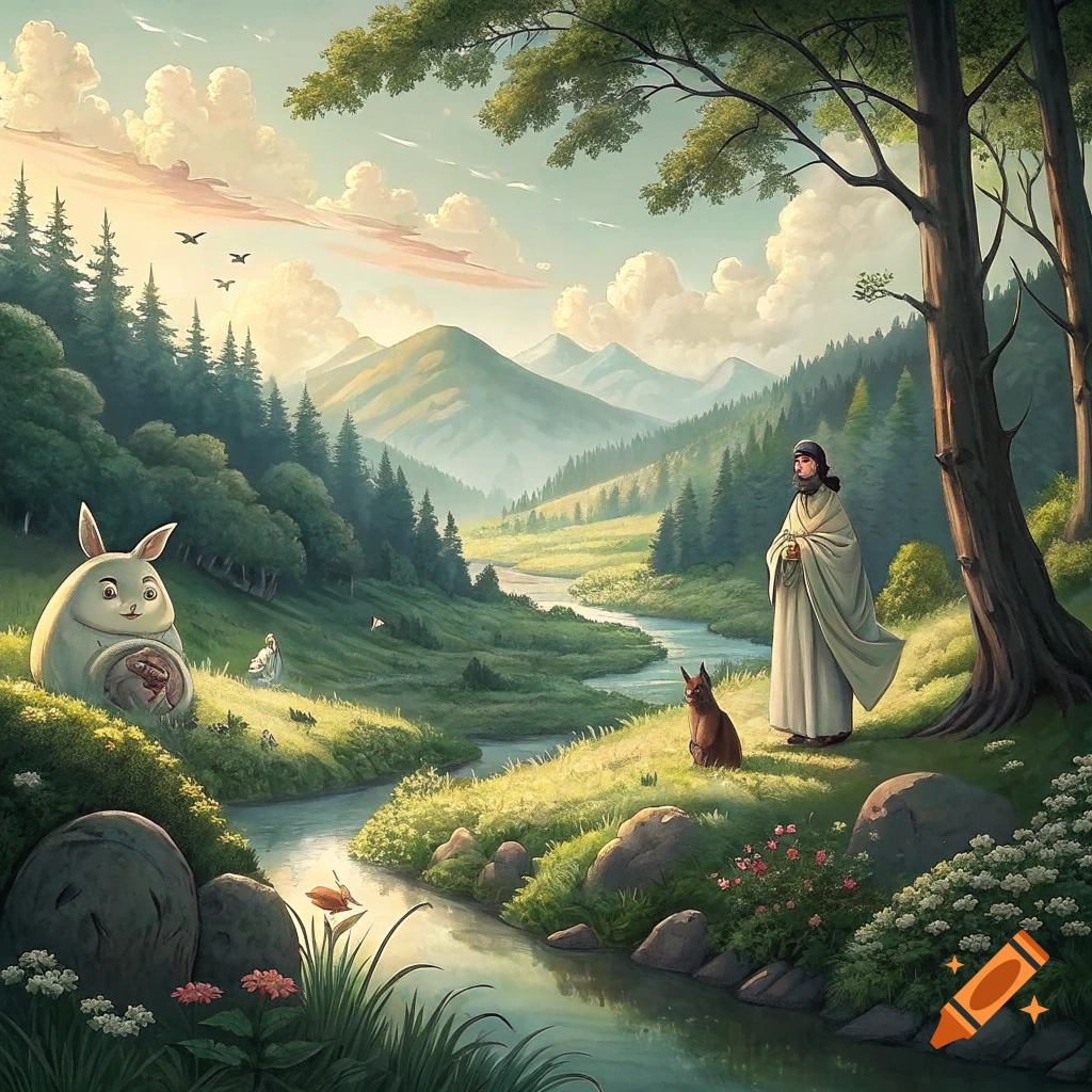 A figure resembling Jesus with a large fluffy creature and a fox-like animal in a lush, green valley with a river, mountains, and trees, in a Ghibli style.