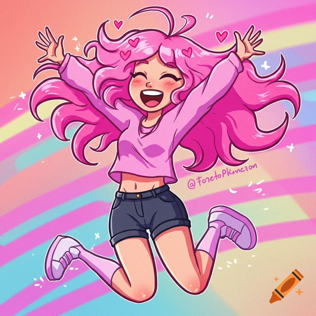 Cartoon girl with pink hair jumping in the air with hearts and sparkles