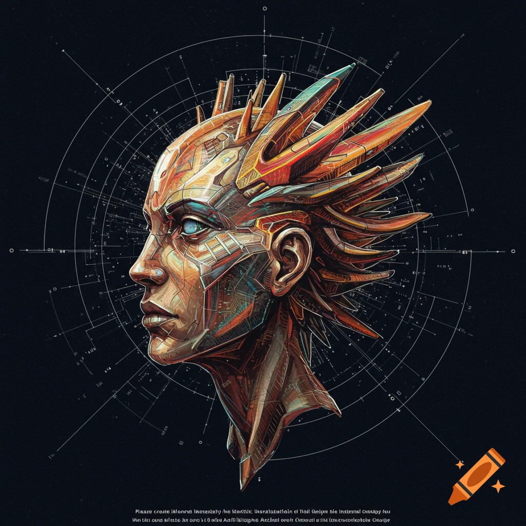 Sci-fi portrait of a futuristic head, part human, part machine, with spiky metallic elements and technical lines background.