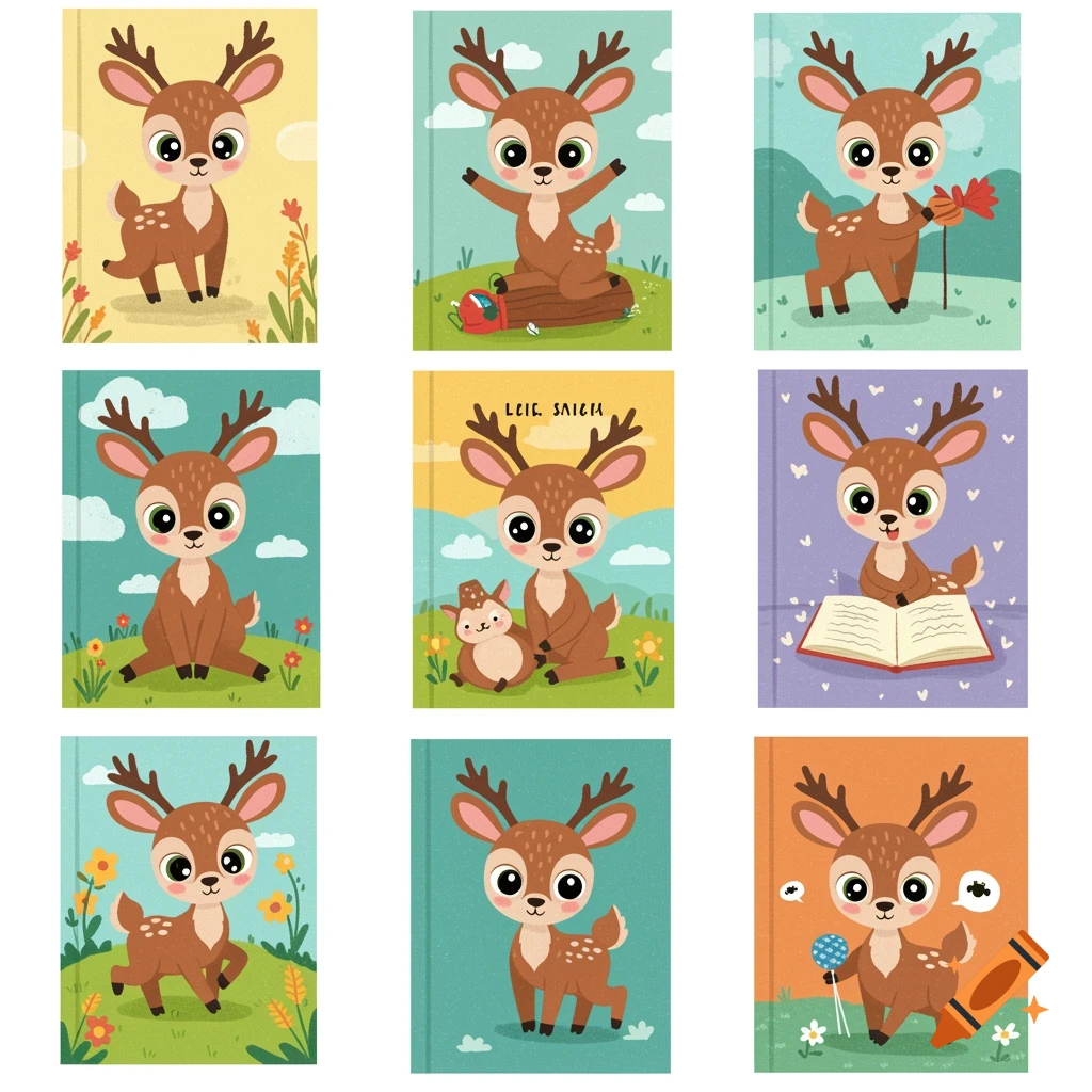 A grid of cute cartoon deer illustrations on colorful backgrounds, like book covers.