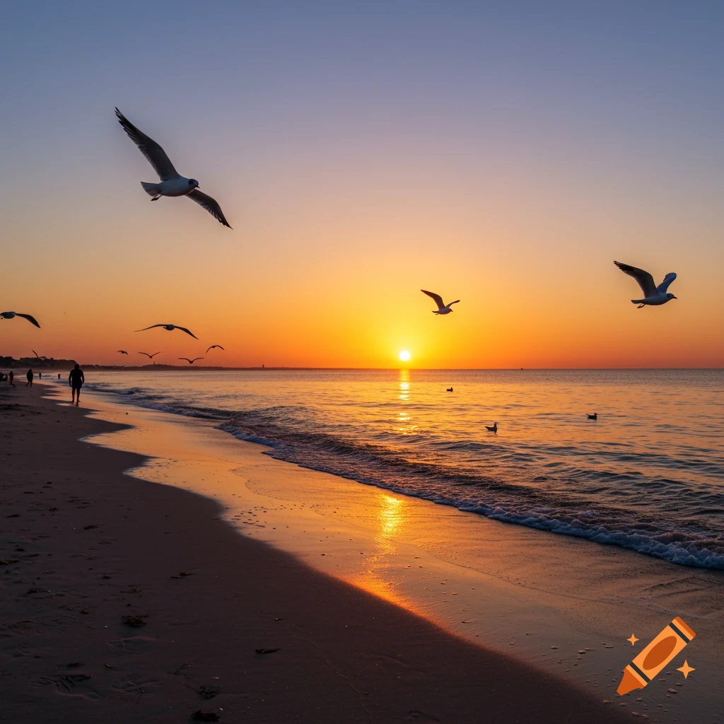 Photorealistic image of seagulls flying over a beach at sunrise with a person walking along the shore.