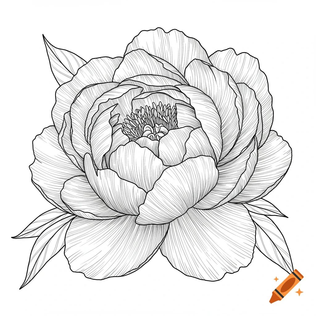 A black and white contour line drawing of a peony flower.