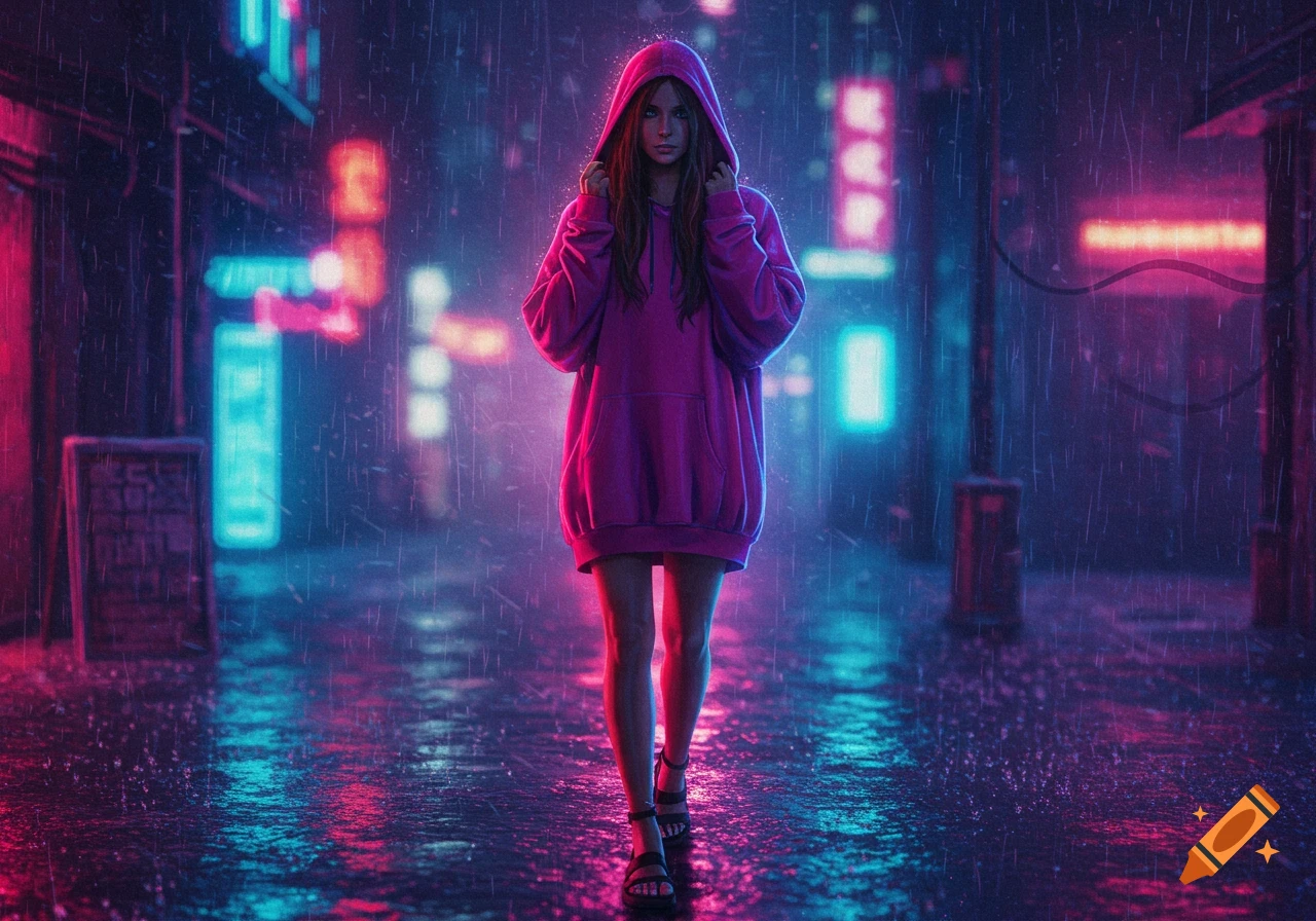 A person in a purple hoodie walks in the rain on a neon-lit city street at night.