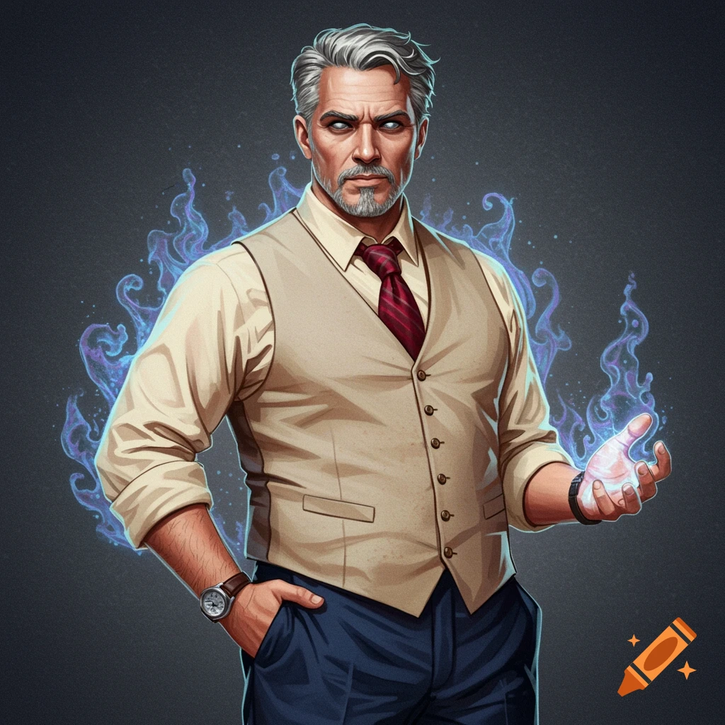 A man with salt and pepper hair in a vest and tie casting blue magic from his hand.