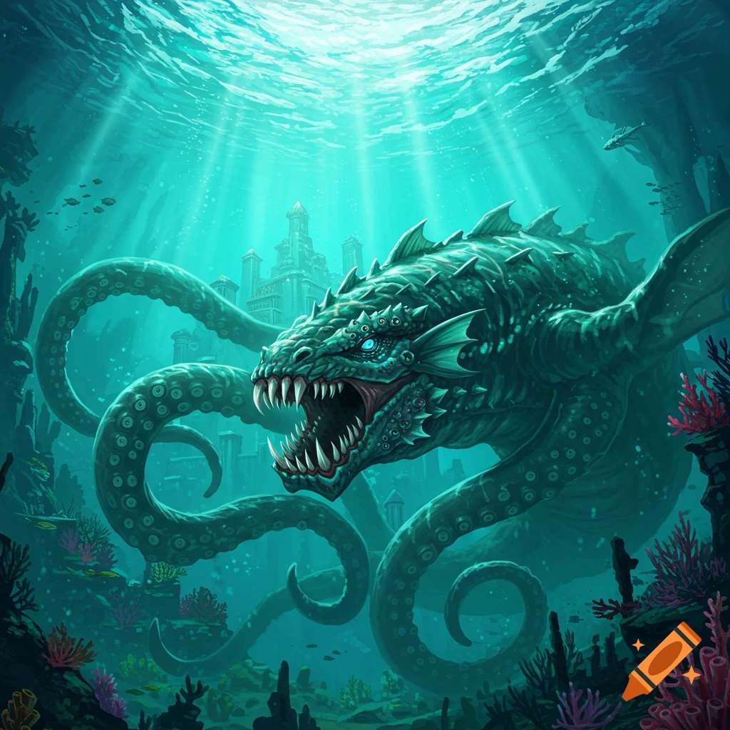 A large, fierce ocean monster with tentacles swims underwater towards a distant city.