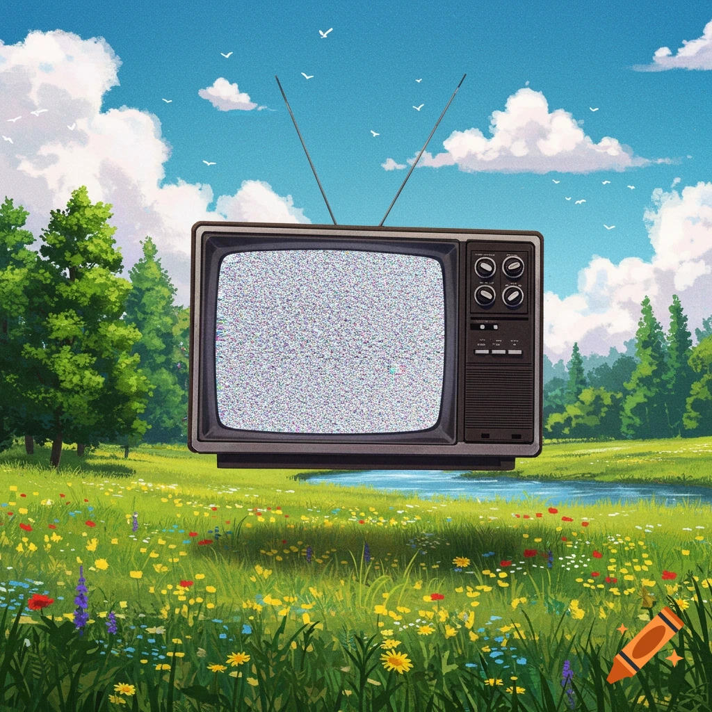 A television with static on the screen floats above a field of flowers.