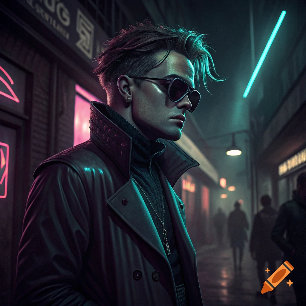 A man with punk hair and sunglasses in a sci-fi noir street scene lit by neon signs.