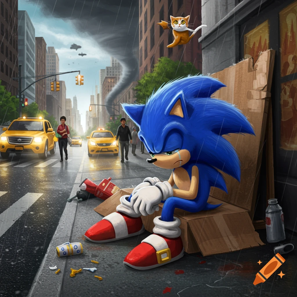 Sad Sonic the Hedgehog sitting on a box in a rainy city with a tornado and flying cat