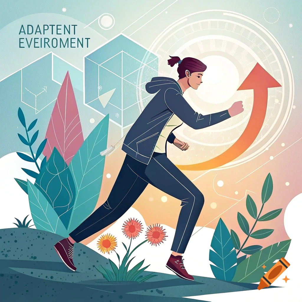 Stylized illustration of a woman running up a hill with abstract shapes, plants, and an upward orange arrow in the background.