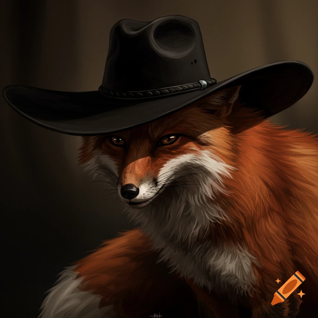 A suspicious fox wearing a black cowboy hat that casts a shadow over its face.