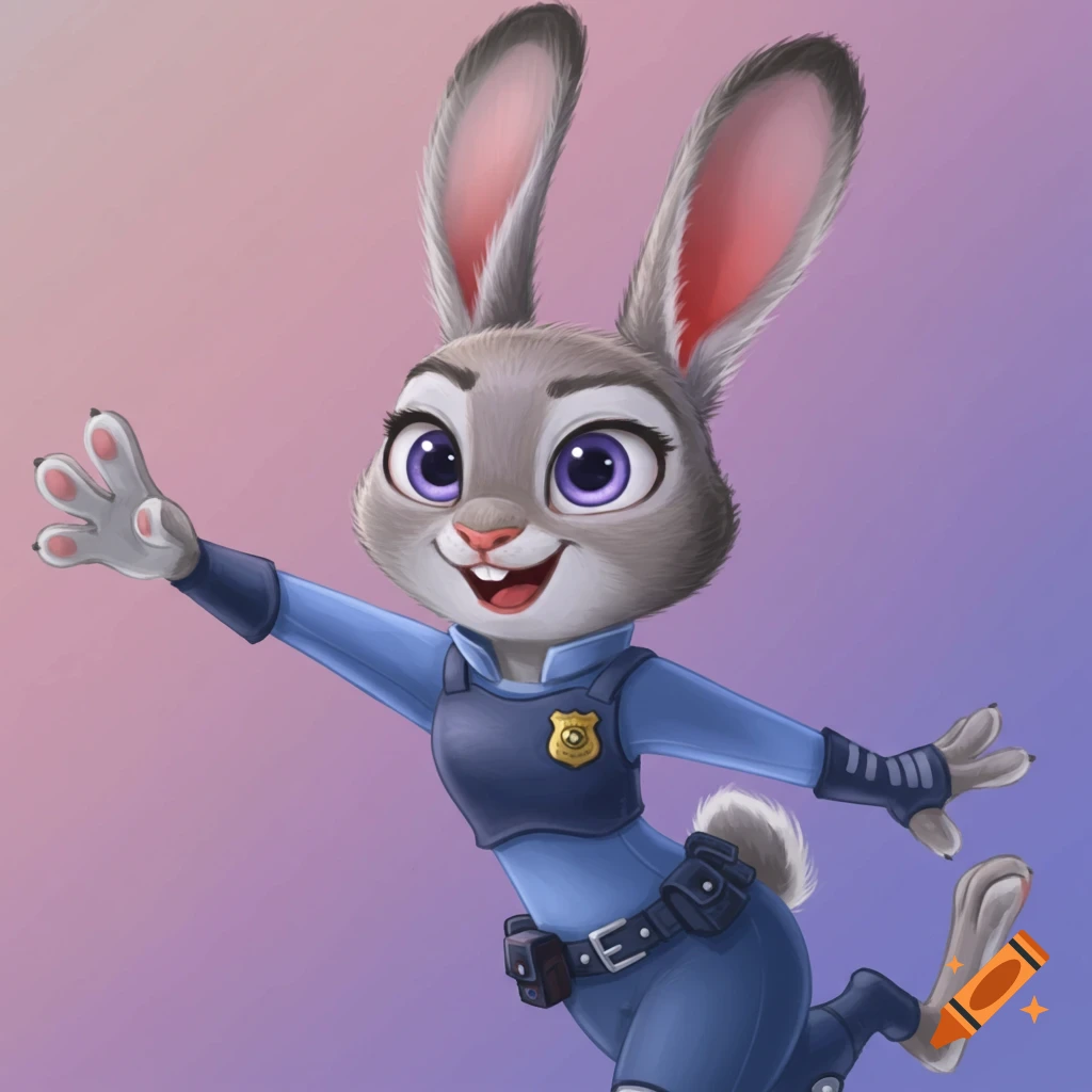 The cartoon rabbit Judy Hopps in a police uniform, reaching out and smiling.